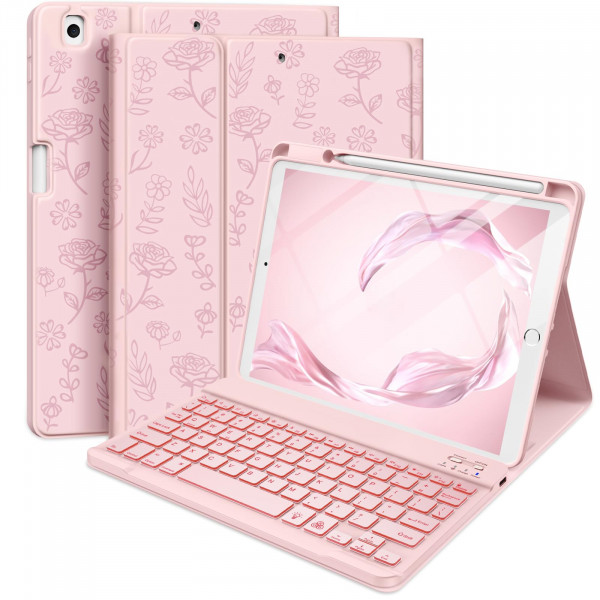 Hamile Funda con teclado para iPad de 9.ª generación de 10,2 pulgadas - Funda con teclado tipo folio desmontable inalámbrico retroiluminado con portalápices para iPad de 8.ª generación/iPad Pro de 10.5/iPad Air de 3.ª generación (rosa rosa)