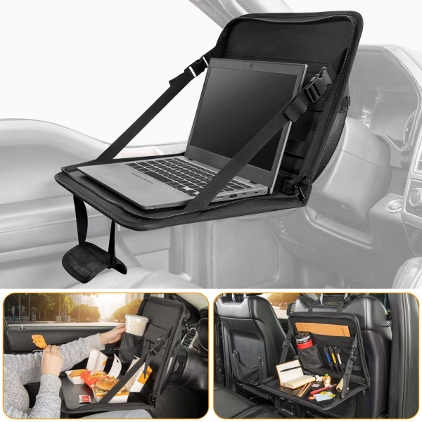 JOYTUTUS Bandeja para comer 3 en 1 para volante, escritorio para computadora portátil en el asiento trasero del automóvil, bolsa de oficina multifuncional, mesa de trabajo para escribir, organizador de automóvil para niños, viajeros, familia
