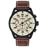 Citizen Eco-Drive Cronógrafo deportivo informal para hombre, correa de cuero marrón, esfera beige, cronógrafo, fecha (Modelo: CA4215-04W)