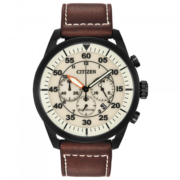 Citizen Eco-Drive Cronógrafo deportivo informal para hombre, correa de cuero marrón, esfera beige, cronógrafo, fecha (Modelo: CA4215-04W)