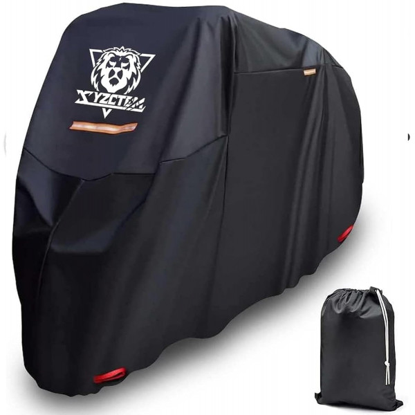 XYZCTEM Funda para motocicleta: bolsa de almacenamiento impermeable para exteriores, hecha de material Oxford, se adapta a hasta 96 pulgadas, compatible con Harley Davison y todos los motores (negro, cerraduras y correa profesional resistente al viento)