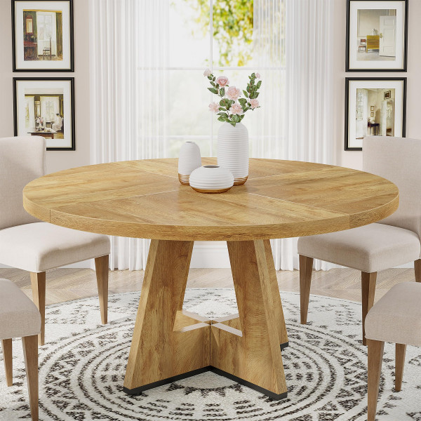 Tribesigns Mesa de comedor redonda de 47 pulgadas, mesa de cocina de madera para comedor, mesas de comedor de 47 pulgadas para 4-6, muebles decorativos de granja con mesa de madera y base cruzada, madera clara
