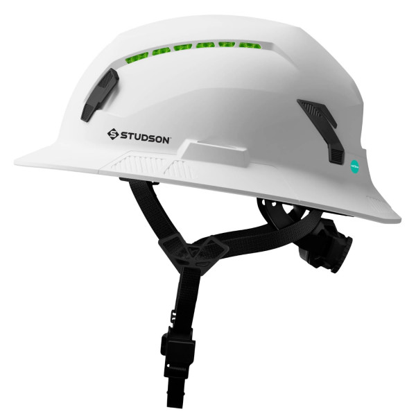 Casco de seguridad STUDSON SHK-1 de ala completa: cumple con ANSI/ISEA Z89.1 tipo II (R 2019), ligero y transpirable, chip de contacto de emergencia NFC, talla única, protección Clase C y E (ventilado, blanco)