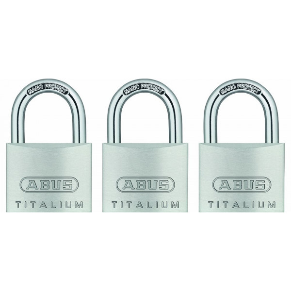 Candado ABUS 64TI/40 de aleación de aluminio Titalium, con llaves iguales y arco de acero Nano Protect, paquete de 3