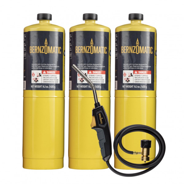 Bernzomatic BZ8250HT Antorcha de manguera de alcance, antorcha de manguera de arranque con gatillo con funda incluida para recipiente de combustible, roja (antorcha 8250 + 3 botellas MAP Pro)