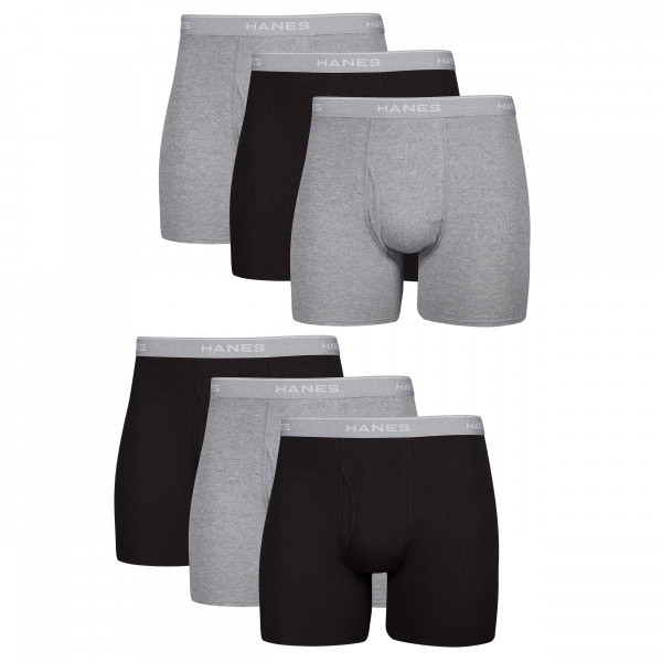 Hanes Boxer para hombre, cintura ComfortFlex de algodón suave y transpirable, paquete múltiple de ropa interior breve, paquete de 6 - negro/gris, grande
