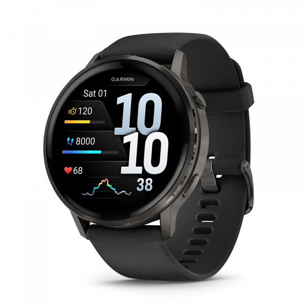 Garmin Venu® 4, 45 mm, reloj inteligente GPS avanzado de salud y fitness, pantalla brillante y colorida, linterna incorporada, 12 días de duración de la batería, color pizarra con correa de silicona negra