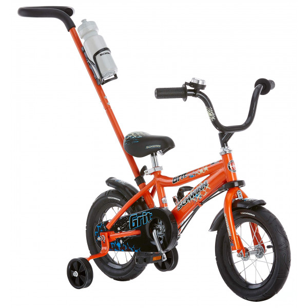 Bicicleta para niños Schwinn Grit Push Steer and Ride, bicicleta para principiantes, ruedas de 12 pulgadas, con ruedas de entrenamiento, asa de empuje para padres, botella de agua y soporte, naranja/negro