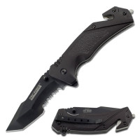 Tac-Force Cuchillo de bolsillo plegable - Hoja Tanto de acero inoxidable parcialmente dentada negra, mango de aluminio negro con cortador de cuerda, perforador de vidrio, táctico, EDC, rescate - TF-810T
