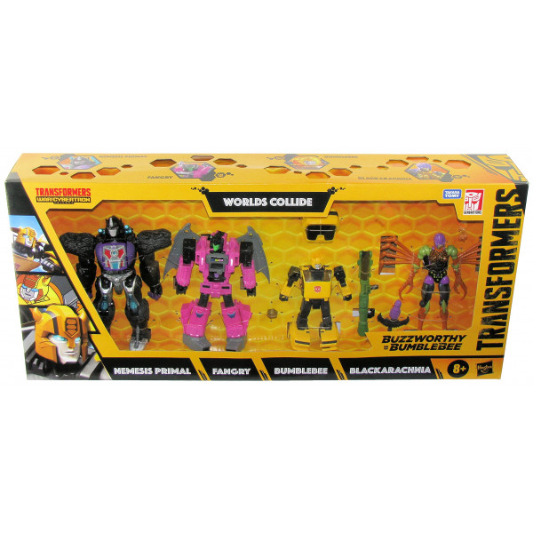 Transformers Buzzworthy Bumblebee - War for Cybertron Worlds Collide paquete de 4 con Nemesis Primal, Fangry, Bumblebee y Blackarachnia