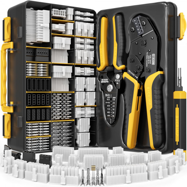 Kit de herramientas de engarzado DxCRIMP Mini-Fit Jr de 4,2 mm (2-24 pines) con conectores SATA y LP4, terminales 16-26 AWG. Engarzadora, pelacables y extractor con trinquete. Se adapta a Molex Mini-Fit Jr para modificación de PC, ATX/GPU/PSU