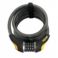 Cable en espiral OnGuard Doberman Combo de 6': candado de acero trenzado de 12 mm para servicio mediano con tapas de extremo de 40 mm, longitud de 185 cm, revestimiento de vinilo, combinación de bola de acero de 4 dígitos y soporte de montaje