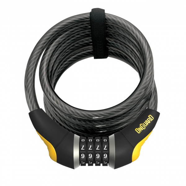 Cable en espiral OnGuard Doberman Combo de 6': candado de acero trenzado de 12 mm para servicio mediano con tapas de extremo de 40 mm, longitud de 185 cm, revestimiento de vinilo, combinación de bola de acero de 4 dígitos y soporte de montaje
