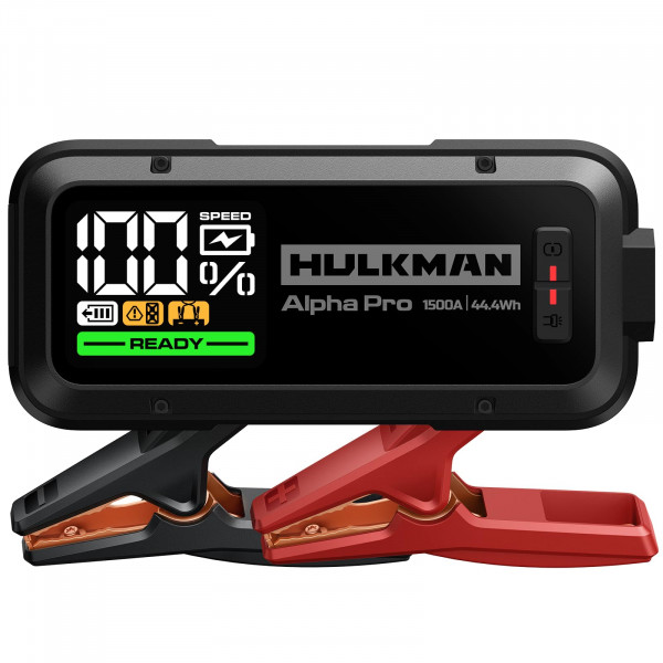 Hulkman Alpha Pro 1500A Arrancador de batería de coche de alta capacidad de 44,4 Wh, entrada y salida de carga rápida PD65W, caja de salto con pantalla inteligente de 3,3 pulgadas, paquete de salto de 12 V para 7,5 L de gasolina/4,5 L diésel, negro sólido