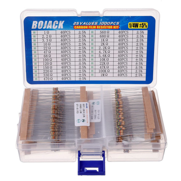 BOJACK 1000 piezas Kit de resistencias de 25 valores 1 Ohm-1M Ohm con 5% 1/4W Surtido de resistencias de película de carbono