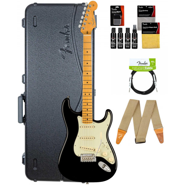 Fender American Professional II Stratocaster - Paquete negro con estuche, correa, cable y kit de limpieza de guitarra