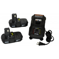 Ryobi P118 Cargador de batería de iones de litio/NiCad de doble química de 18 V con 2 baterías de iones de litio compactas originales OEM P102 (incluye 1 cargador y 2 baterías)