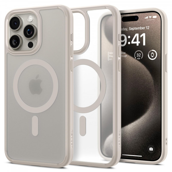 Funda Spigen para iPhone 15 Pro, MagFit Ultra Híbrido [Anti-Amarillamiento] [Compatible con Magsafe] - Titanio Natural Escarchado