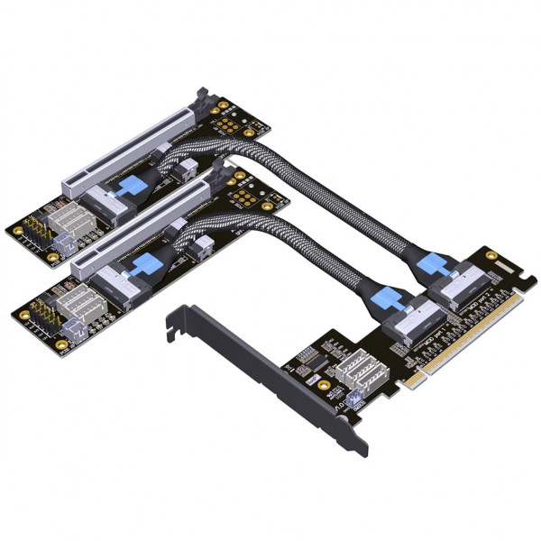 JMT ADT-F36B-F37B-D8S PCI-e 4.0 X16 a X8 X8 MCIO Adaptador de bifurcación Tarjeta elevadora 256G/bps Extensor dividido SFF-TA-1016 con cable de alimentación (50 cm)