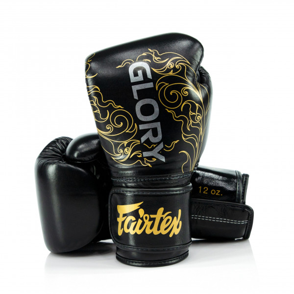 Guantes de entrenamiento Fairtex Glory - Guantes de boxeo y MMA de cuero de primera calidad | Hechos a mano en Tailandia - Acolchado de espuma que absorbe los golpes | Ideal para kickboxing, sparring y competición (negro/dorado - BGVG3, 16 oz)