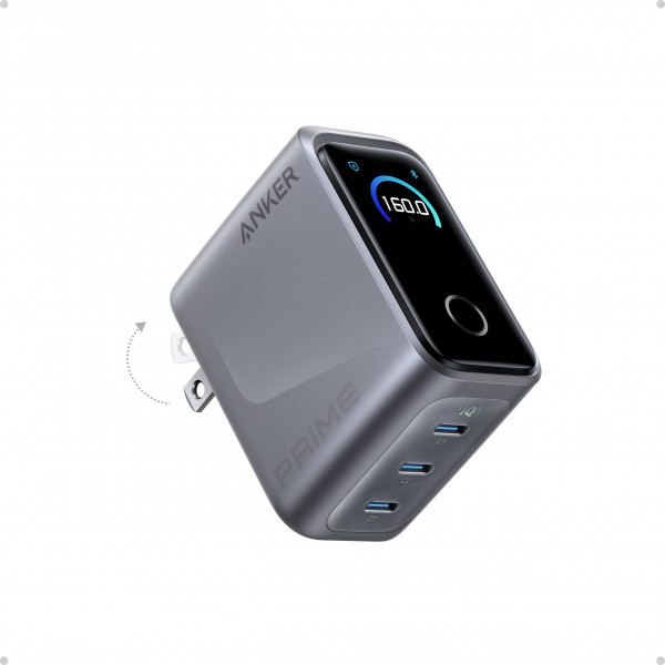 Cargador Anker Prime, bloque de cargador USB C GaN compacto de 3 puertos de 160 W, pantalla inteligente y control táctil, carga máxima de 140 W a través de cualquier puerto único, para MacBook Pro/Air, computadora portátil, serie iPhone 17/16 (sin batería