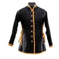 Chaqueta de esgrima HEMA negra y amarilla: Gambeson protector acolchado 350N con cordones laterales y cierre de botón de ArmorCraft Emporium. (L)