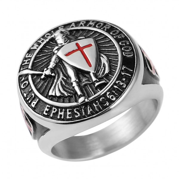 HZMAN Los Caballeros Templarios se ponen toda la armadura de Dios Efesios 6:13-17 Anillo de acero inoxidable para hombre con diseño de Cruz Roja