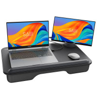 SAIJI Escritorio para computadora portátil, se adapta a computadoras portátiles de hasta 17 pulgadas, soporte de mesa liviano con bandeja para el regazo con almohadilla para la muñeca de cuero suave, soporte para monitor externo, escritorio para regazo co