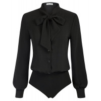 Kate Kasin Body negro para mujer Camisa de trabajo con botones Trajes casuales de negocios Tops de otoño Blusa de manga larga con pajarita XL