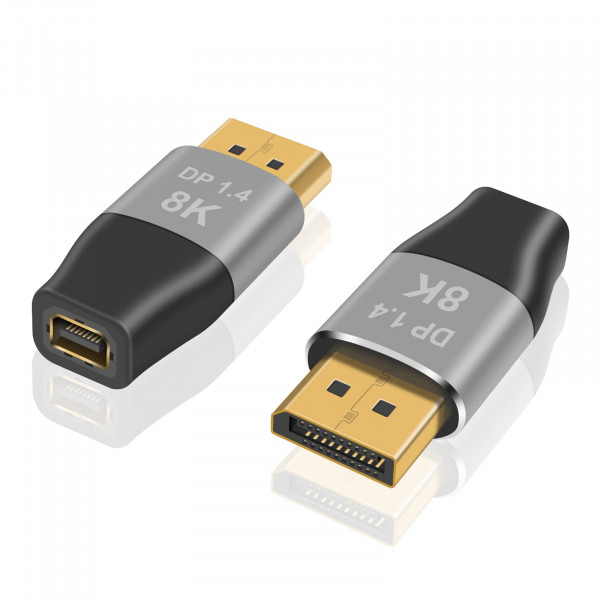 Duttek Adaptador Mini Displayport a Displayport 1.4 de 8K (Mini DP a DP 1.4), compatible con 32,4 Gbps, 8K@60 Hz y bidireccional, conector adaptador Mini DP hembra a DP macho para juegos, computadora portátil, TV, paquete de 2