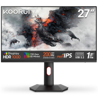 Monitor KOORUI, Monitor para juegos de 27 pulgadas, 1 ms, 200 Hz, panel mini-LED, pantalla de computadora con relación de contraste 1440P WQHD 300000:1, pantalla HDR 1000, 97% DCI-P3, inclinación ajustable, HDMI/DP, cuidado de los ojos