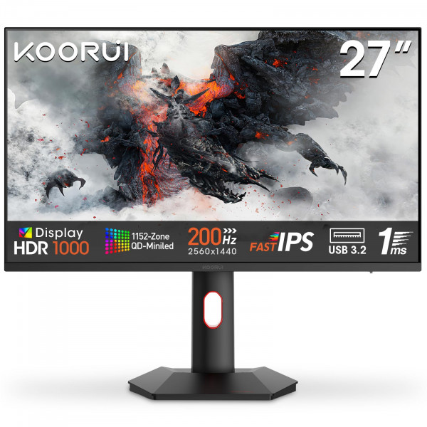 Monitor KOORUI, Monitor para juegos de 27 pulgadas, 1 ms, 200 Hz, panel mini-LED, pantalla de computadora con relación de contraste 1440P WQHD 300000:1, pantalla HDR 1000, 97% DCI-P3, inclinación ajustable, HDMI/DP, cuidado de los ojos