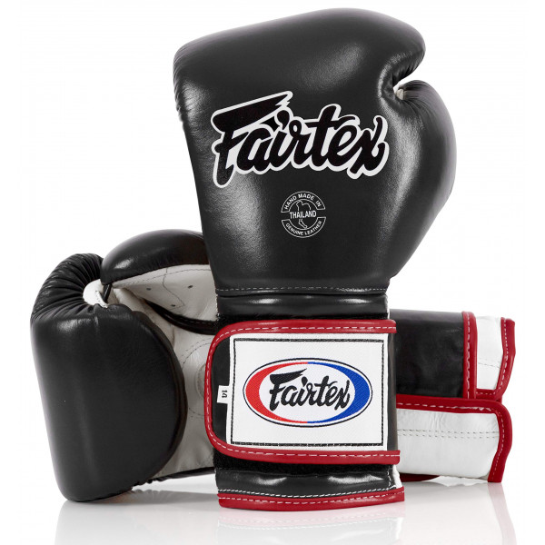Guantes de boxeo Fairtex Muay Thai BGV9 - Guantes de entrenamiento y sparring de estilo mexicano para kick boxing MMA K1 (tubería negra/blanca/roja, 16 oz)
