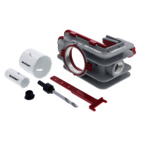 Milescraft 1338 Lock Mate PLUS: kit de instalación de cerradura de puerta profesional con autosujeción, plantilla de cerradura de puerta para puertas de madera/metal con 1-3/8” y 1-3/4” de espesor. Sierras perforadoras bimetálicas de cobalto incluidas