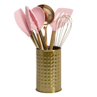 Paris Hilton Juego de utensilios de cocina con utensilios de cocina de silicona, batidor y cucharón de acero inoxidable, 7 piezas, rosa y dorado
