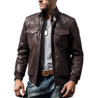 FLAVOR Chaqueta de motociclista de cuero marrón retro para hombre, chaqueta de cuero genuino (mediana (estándar de EE. UU.), marrón oscuro)