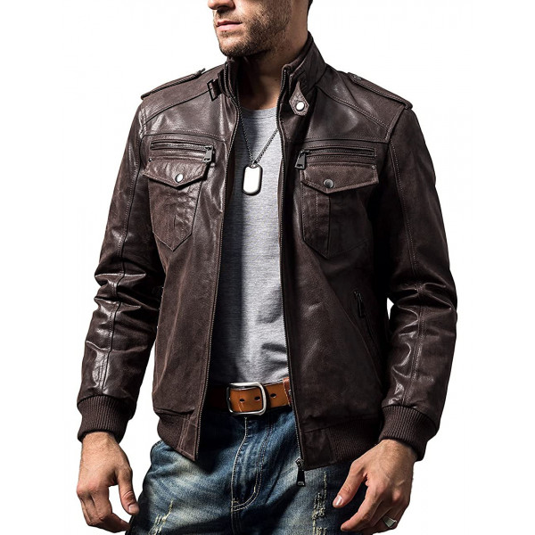 FLAVOR Chaqueta de motociclista de cuero marrón retro para hombre, chaqueta de cuero genuino (mediana (estándar de EE. UU.), marrón oscuro)