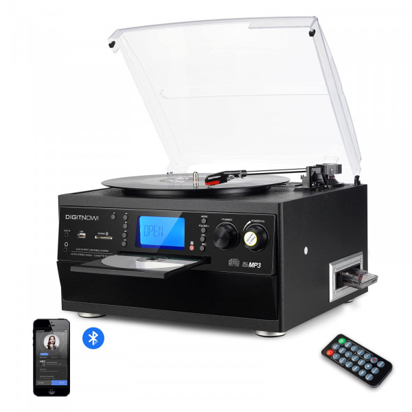 DIGITNOW Tocadiscos Bluetooth con altavoz estéreo, convertidor de vinilo LP a MP3 con CD, casete, radio, entrada auxiliar y codificación USB/SD, control remoto, reproductor de música de audio amplificador incorporado
