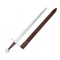 Espada de armado medieval, espada caballeresca estilo Oakeshott con hoja de acero al carbono y vaina de cuero para exhibición, disfraz y colección