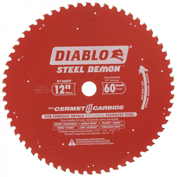 Hoja de sierra Diablo Steel Demon Cermet II para metal mediano - 10 de diámetro, 60 dientes TCG, eje de 1, corte de 0,083, ángulo de gancho de 0°, placa de 0,071, 1800 RPM máx. - D1260CF