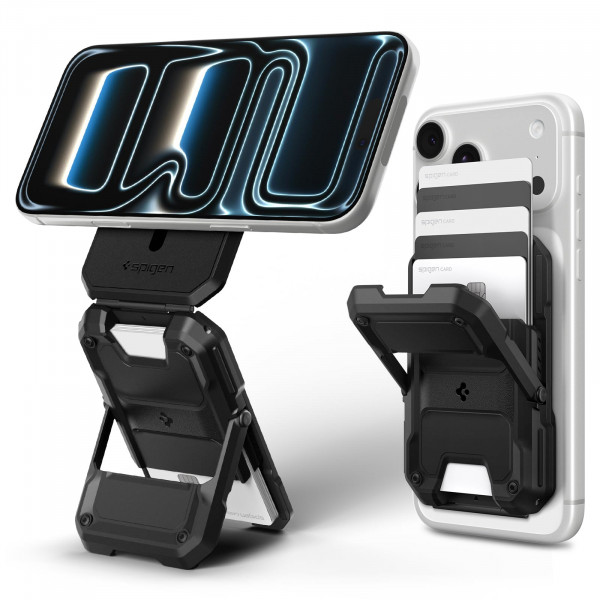 Spigen para MagSafe Wallet, Tough Armor Pro (MagFit) Compatible con iPhone 17/16/15/14/13/12 Pixel 10 MagSafe-Cases Pixelsnap RFID Bloqueo Heavy Duty Hardshell Kickstand Portatarjetas magnético - Negro