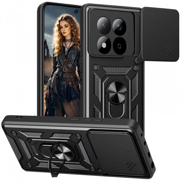 Ephoou para Xiaomi Redmi Note 15 Pro Plus 5G Armor Case con anillo de soporte y cubierta de lente de cámara deslizante, cubierta de protección resistente a prueba de golpes de grado militar para Redmi Note 15 Pro Plus 5G SJ Negro