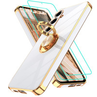 Funda Gritup para Samsung Galaxy S24 FE | 2 protectores de pantalla | Soporte de anillo de rotación de 360°, soporte magnético, borde chapado en oro, cubierta protectora suave de TPU a prueba de golpes para S24 FE, blanco