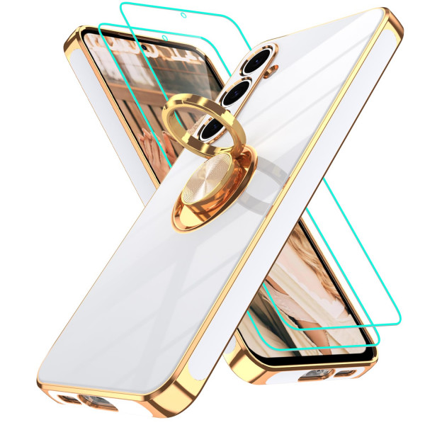Funda Gritup para Samsung Galaxy S24 FE | 2 protectores de pantalla | Soporte de anillo de rotación de 360°, soporte magnético, borde chapado en oro, cubierta protectora suave de TPU a prueba de golpes para S24 FE, blanco
