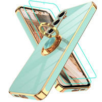 Funda Gritup para Samsung Galaxy S24 FE | 2 protectores de pantalla | Soporte de anillo de rotación de 360°, soporte magnético, borde chapado en oro, cubierta protectora suave de TPU a prueba de golpes para S24 FE, verde claro