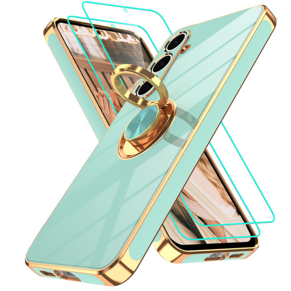 Funda Gritup para Samsung Galaxy S24 FE | 2 protectores de pantalla | Soporte de anillo de rotación de 360°, soporte magnético, borde chapado en oro, cubierta protectora suave de TPU a prueba de golpes para S24 FE, verde claro