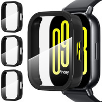 Suoman Paquete de 3 para Redmi Watch 5 Active Case, protector de pantalla de vidrio templado [antiarañazos], cubierta protectora de PC dura integral, parachoques -Negro+Negro+Negro