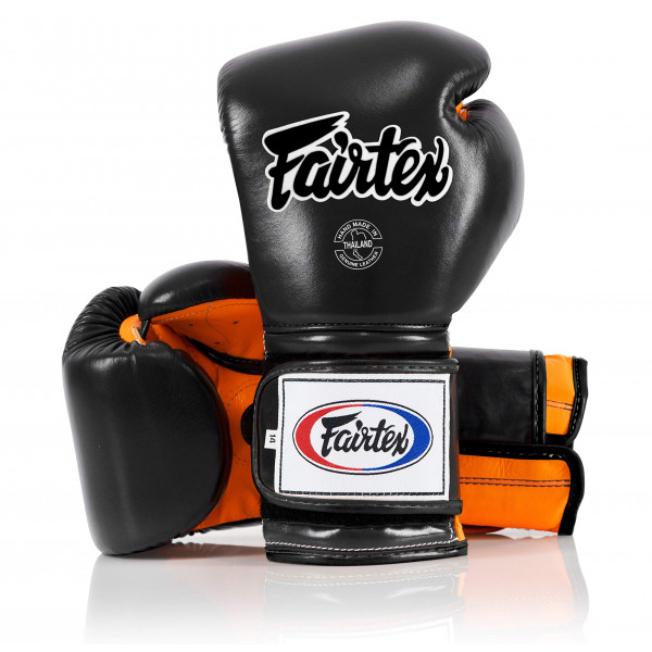 Fairtex Muay Thai Guantes de boxeo BGV9 - Guantes de entrenamiento y sparring estilo mexicano para Kick Boxing MMA K1 (negro/naranja, 10 oz)