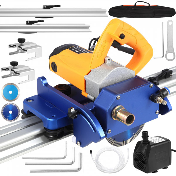 Cortador de azulejos orbital eléctrico, amoladora angular de 2300 W, 8000 RPM, longitud de corte de 71, cuchillas para seco y húmedo, bisel y chaflán, orugas dobles de 1,05 m con ventosas y abrazaderas, bomba de agua y bolsa de herramientas