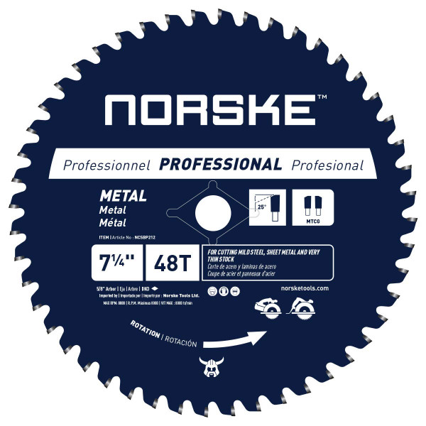 Norske Tools NCSBP212 Hoja de sierra para corte de metal 48T de 7-1/4 pulgadas para techos de acero, revestimientos metálicos, tuberías de acero, montantes de acero y más, orificio de 5/8 de pulgada